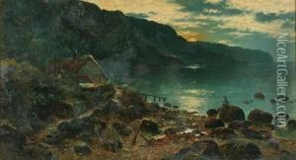 Coastal Landscape At Moonlight, 
With Cottage And Figure On The Shore, And Another: Fishing Boat Off The 
Coast Oil Painting - Edgar Longstaffe