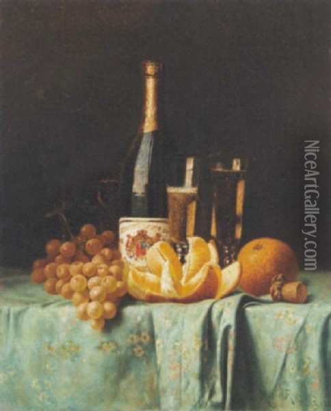 Still Life With Champagne Bottle, Oranges, Grapes And Flutes Oil Painting - Milne Ramsey