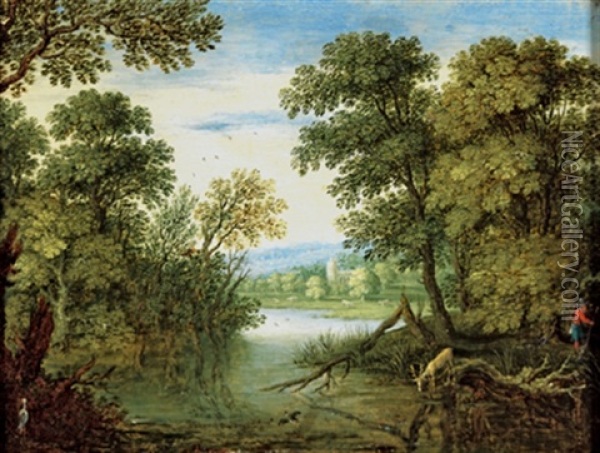Ein Teich Im Walde Mit Einem Jager, Einem Trinkenden Hirsch, Einer Auffliegenden Wildente Und Einem Storch Oil Painting - Marten Ryckaert