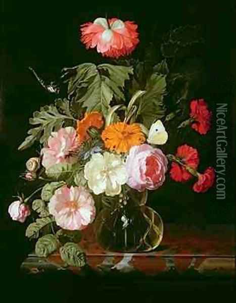 Roses peonies and love in a mist in a glass vase with a white butterfly Oil Painting - Isaak Denies