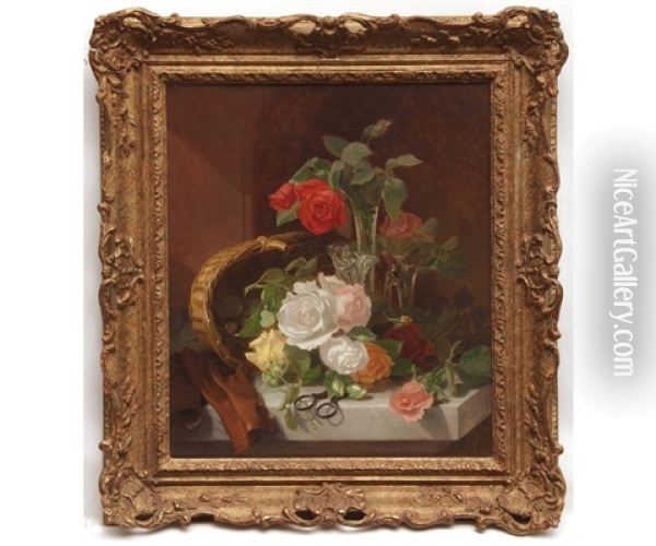 Still Life Study Of Roses, Basket And Glass Vases On A Marble Ledge Oil Painting - Eloise Harriet Stannard
