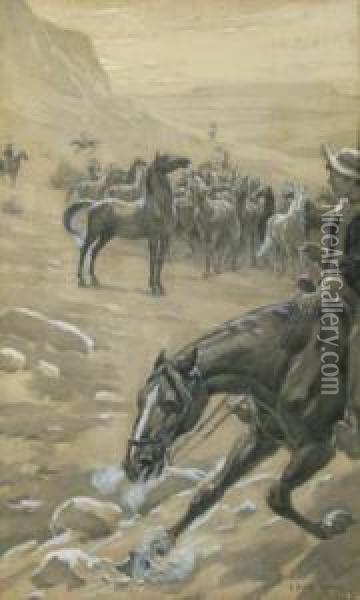 Cowboys Herding Mustangs, 
Some Acid Staining Oil Painting - Elmer Boyd Smith
