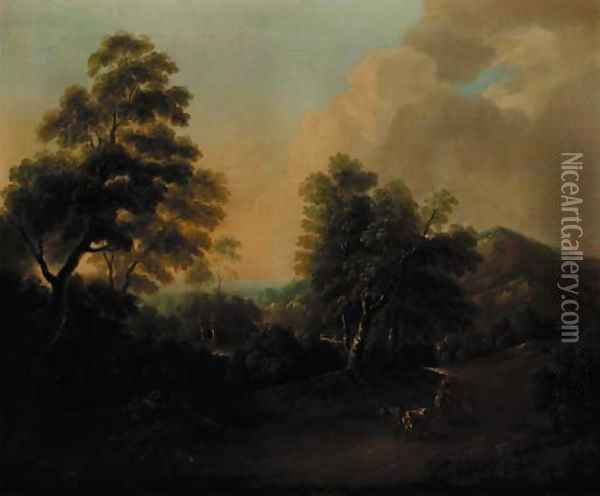 An extensive wooded landscape with drovers and cattle in the foreground Oil Painting - Thomas Barker of Bath