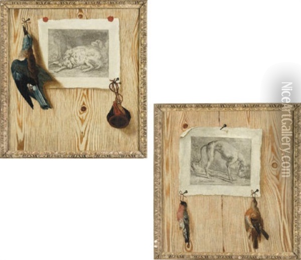 A Trompe L'oeil Still Life With Dead Game And Hunting Pouch Pinned To An Engraving On A Faux Boiserie Ground (+ Another Similar; Pair) Oil Painting - Antonio (lo Scarpetta) Mara