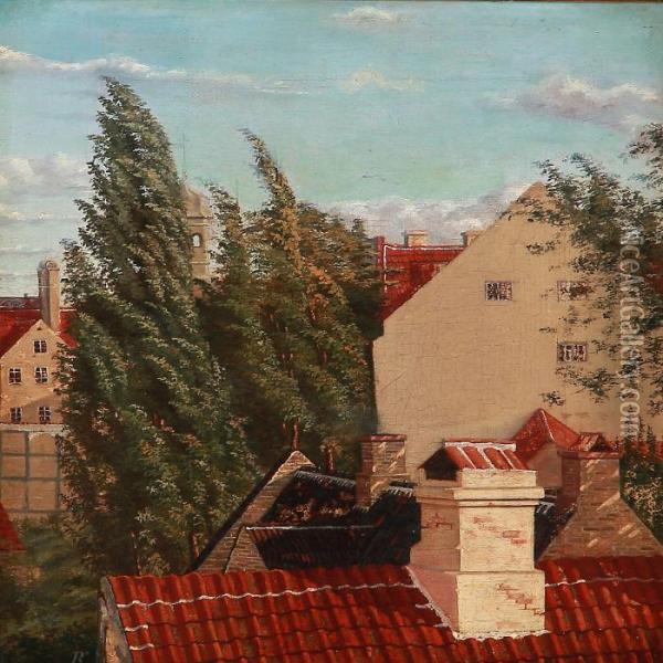 View Over The Rooftops Of Copenhagen Oil Painting - Frederik Niels M. Rohde
