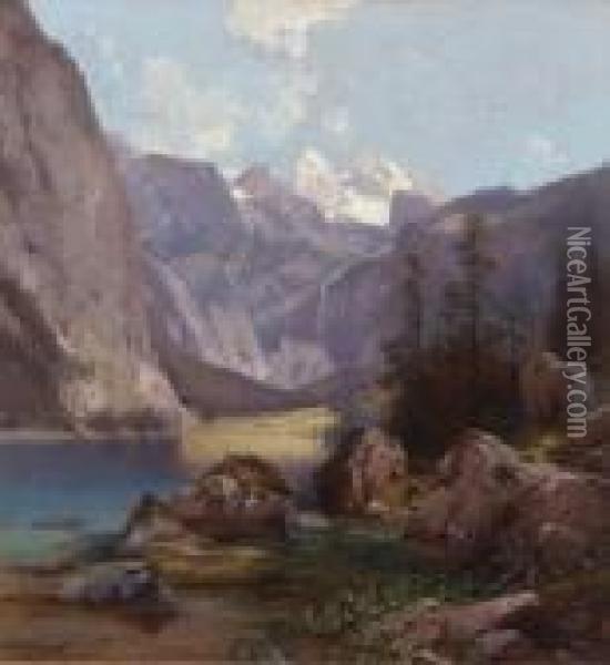 Der Obersee Bei Berchtesgaden Mit
 Blick Auf Die Teufelshorner. Oil Painting - Adalbert Waagen