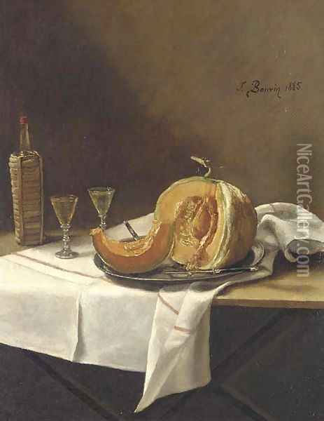 Nature morte avec un melon, une bouteille de vin et un verre sur une table Oil Painting - Francois Bonvin