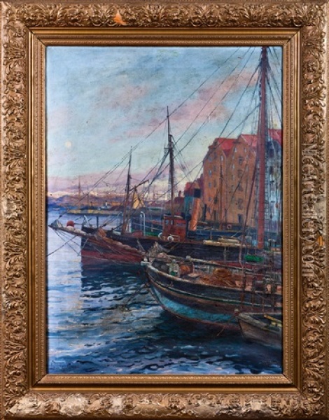 Stavanger Havn Sett Fra Grand Hotel Oil Painting - Haakon Jensen Kaulum