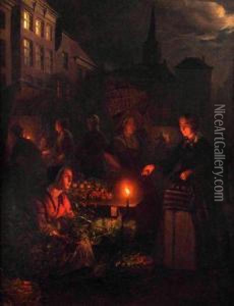 Market Stall By Candlelight Oil Painting - Petrus van Schendel