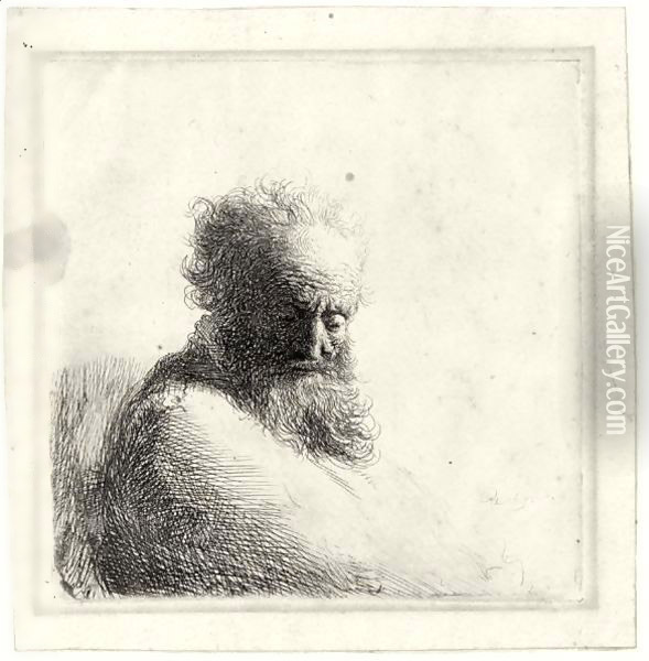 Bust Of An Old Bearded Man, Looking Down, Three Quarters Right Oil Painting - Rembrandt Van Rijn