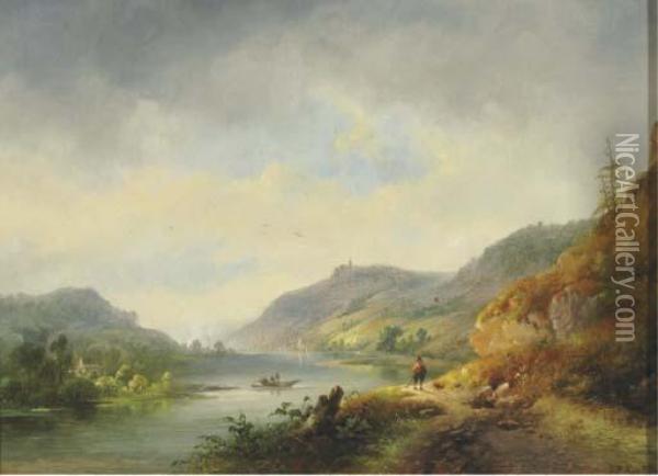 A River Winding Through Hills, A Town In The Distance Oil Painting - Hendrik Pieter Koekkoek