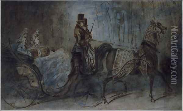 Elegant women in a horse draw carriage Oil Painting - Constantin Guys
