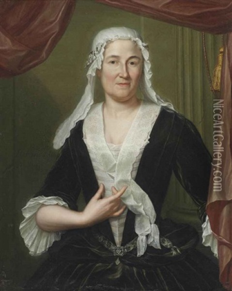 Portrait Of A Lady, Half-length, In A Dark Green Velvet Dress And White Chemise, Wearing A White Headdress Oil Painting - Hieronymus van der Mij