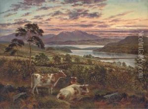 A Red Sky At Night - Loch Fadh Near Rothesay, With Arran In Thedistance Oil Painting - Albert Dunnington