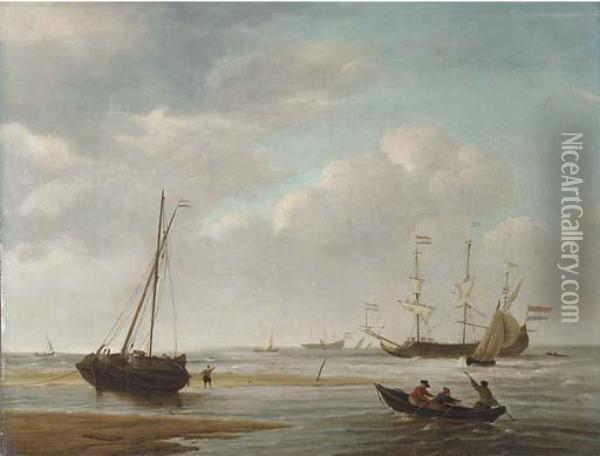 A Dutch Three-master With Reefed
 Sails And Other Shipping In Calmwaters Off The Coast, Fishermen In A 
Rowing Boat Heading Towards Adekschuit On The Beach In The Foreground Oil Painting - Willem van de, the Elder Velde