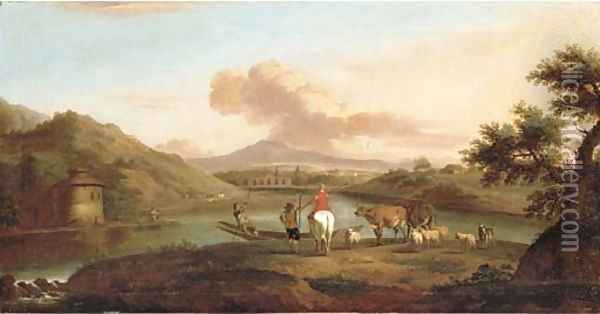 An extensive Italianate river landscape with herdsmen on a bank and a man fishing by a dwelling Oil Painting - Jan Asselyn