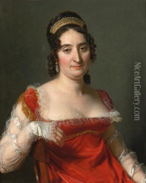 Portrait Of A Lady, Half-length Seated, Dressed In A Red Dress With Tulle Sleeves And Gold Trim And Wearing A Tiara Oil Painting - Jerome-Martin Langlois