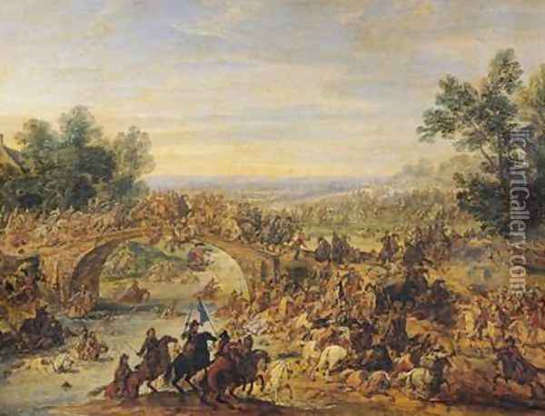 Cavalry Battle on a Bridge Oil Painting - Adam Frans van der Meulen