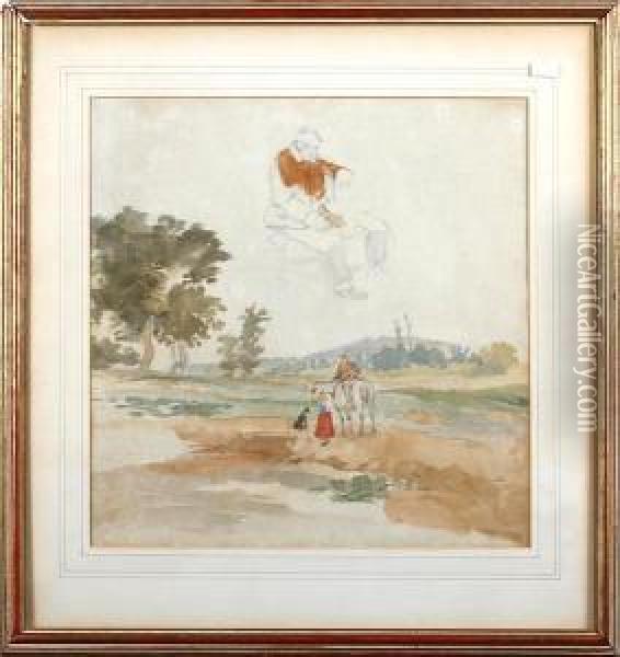 Landscape Sketch With Figure And A Horseand A Sketch Of Man Seated In The Sky On The Same Sheet Oil Painting - Joseph Stannard