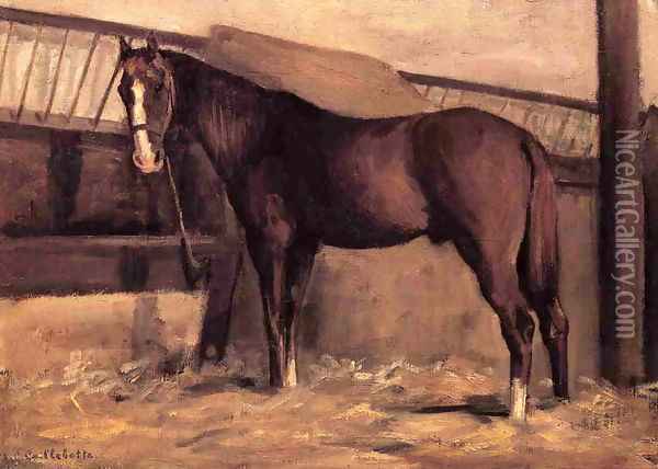 Yerres Reddish Bay Horse In The Stable Oil Painting - Gustave Caillebotte