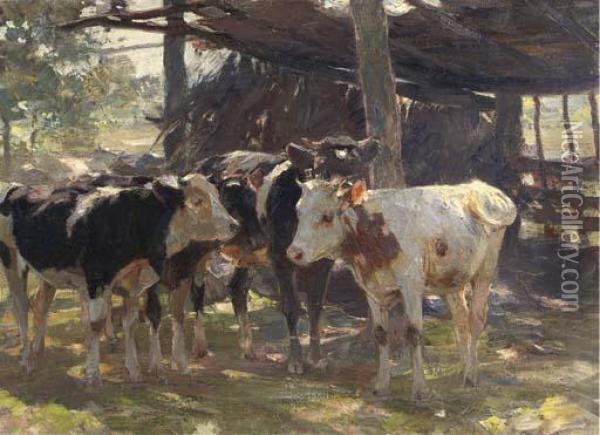 Cattle In Front Of A Stable Oil Painting - Heinrich Johann Von Zugel