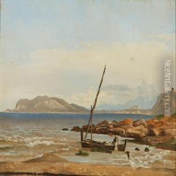 Italian Coastal Scene With A Fishing Boat In The Shallows Oil Painting - Fritz Petzholdt