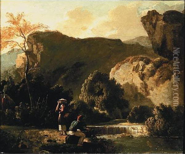 A River Landscape With A Washerwoman And A Fisherman Conversing By A Waterfall Oil Painting - Julius Caesar Ibbetson