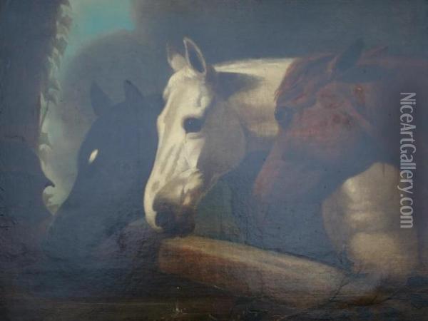 Three Horses At A Trough Oil Painting - John Frederick Herring Snr