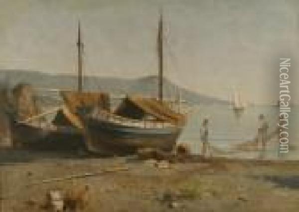 Marina Con Barche E Pescatori Oil Painting - Vincenzo Loria