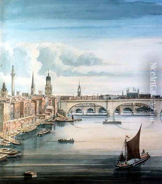 West view of New London Bridge and Old London Bridge, 1830 Oil Painting - Gideon Yates