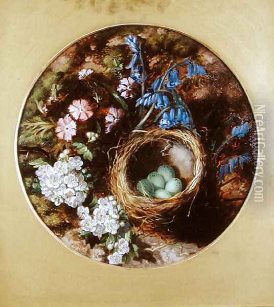 A Still Life with Birds Nest, Blossom and Bluebells Oil Painting - Henry Stanier