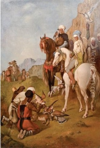 La Chasse Au Faucon En Algerie, La Curee (after Eugene Fromentin) Oil Painting - Eugene Gerin