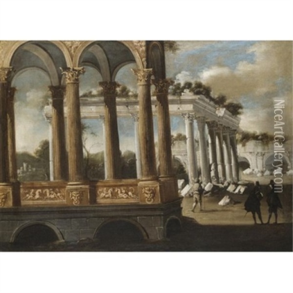 An Architectural Capriccio With Figures Amongst Classical Ruins Oil Painting - Francois de Nome
