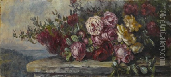 Rosenbouquet Auf Steinerner Balustrade Oil Painting - Anna Peters