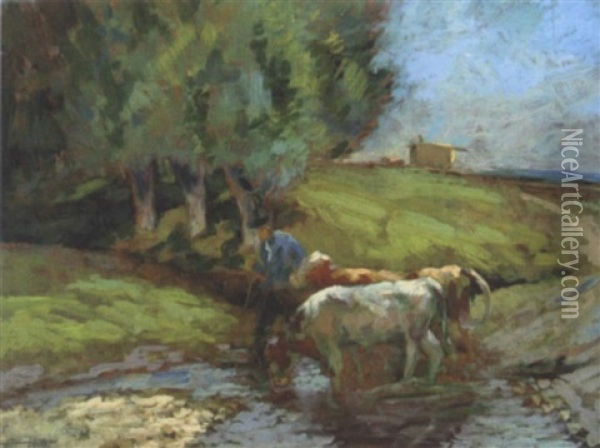 Cattle Crossing A Ford Oil Painting - Frederick Hall