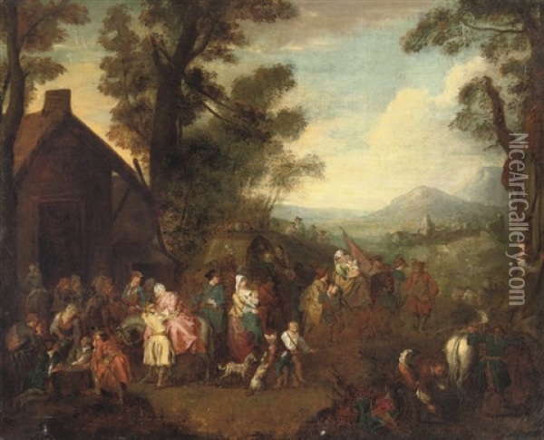 Soldiers, Women And Children Before A Barn Oil Painting - Jean-Baptiste Pater