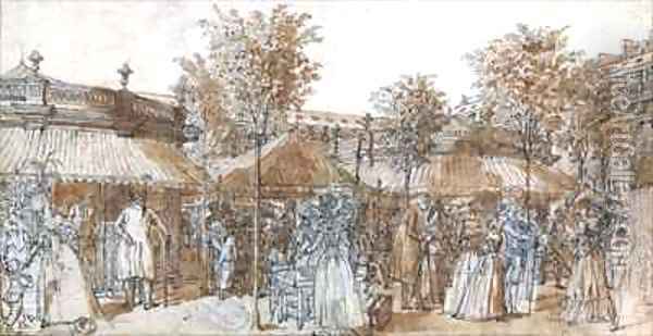 The Palais Royal Garden Walk in 1787 Oil Painting - Claude Louis Desrais