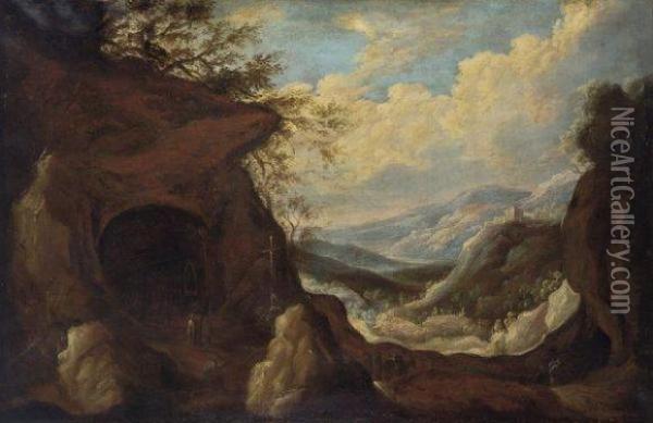 Paysage Panoramique Avec Ermites Dans Une Grotte Oil Painting - Joos De Momper