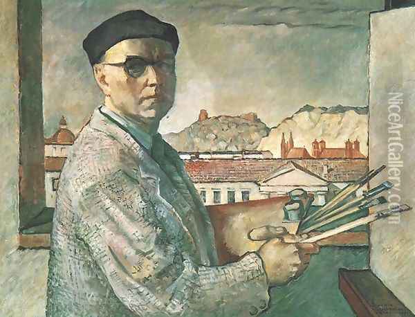Self-Portrait on the Background of Vilnius Oil Painting - Ludomir Slendzinski
