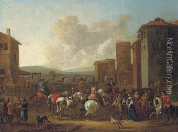 An Italianate Town With Horsemen, Elegant Figures And Merchants, Abridge Beyond Oil Painting - Pieter van Bloemen