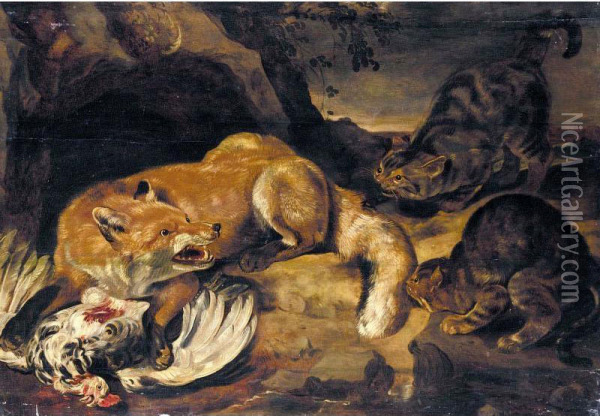 A Fox Guarding A Chicken From Two Cats Oil Painting - Pieter de Neyn