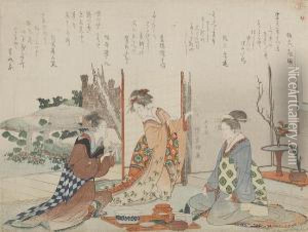 A Real Surimonoof Three Bijin Or Geiko Seated Beside A Tray Of Refreshments, And Beneath Lines Of Kyoka. Oil Painting - Sori Tawaraya