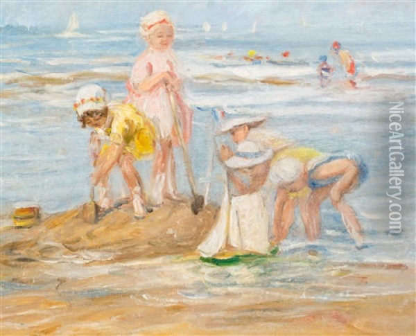 Children On The Beach Oil Painting - Johann Jan Zoetelief Tromp
