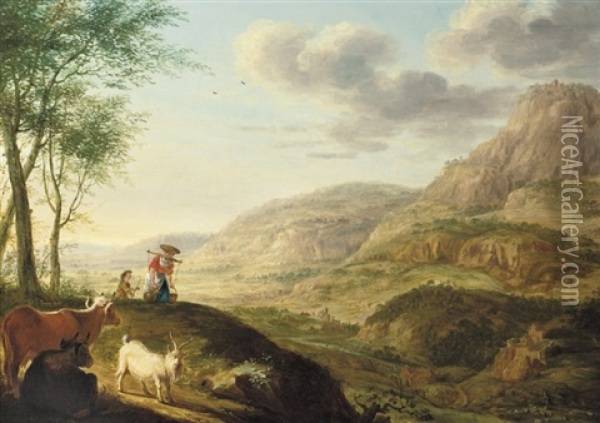 An Extensive Mountainous River Landscape With A Milkmaid And Cattle Oil Painting - Herman Saftleven