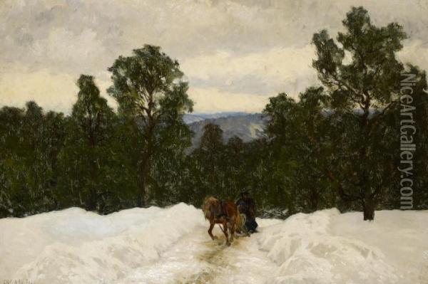 Sladtur I Vinterlandskap Oil Painting - Olof Arborelius