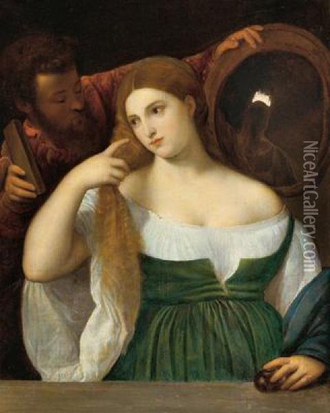 Donna Allo Specchio Oil Painting - Tiziano Vecellio (Titian)
