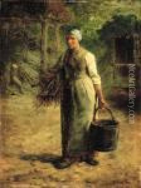 Woman Carrying Firewood And A Pail Oil Painting - Jean-Francois Millet
