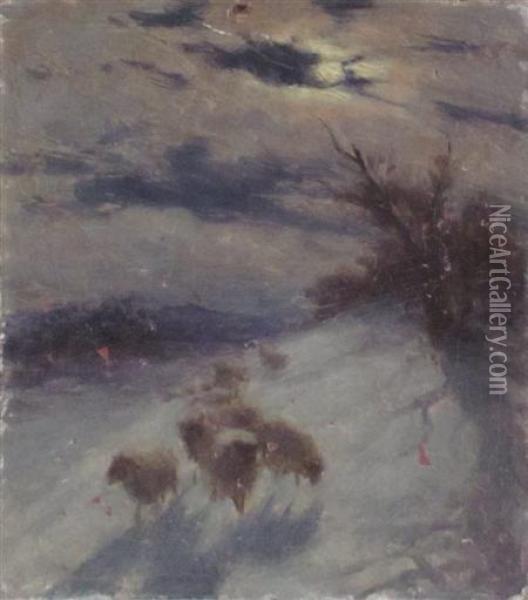 Sheep In The Snow - A Moonlit Sketch Oil Painting - Joseph Farquharson