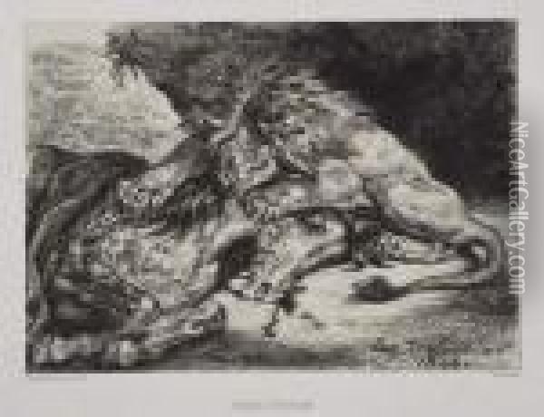 Lion Devorant Un Cheval, Ou Groupe D'animaux Oil Painting - Eugene Delacroix