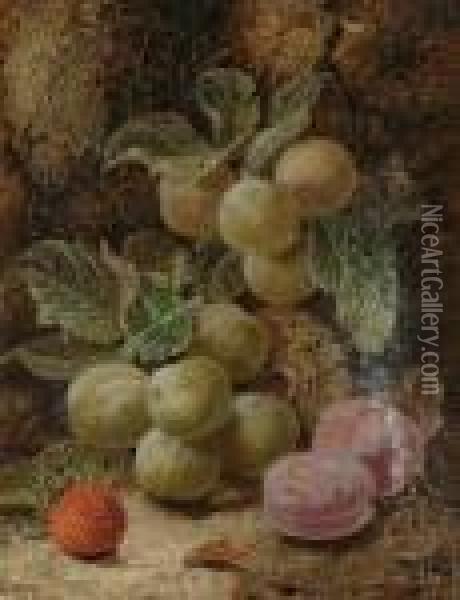 Still Life Of Grapes, Plums And A Strawberry Oil Painting - Oliver Clare